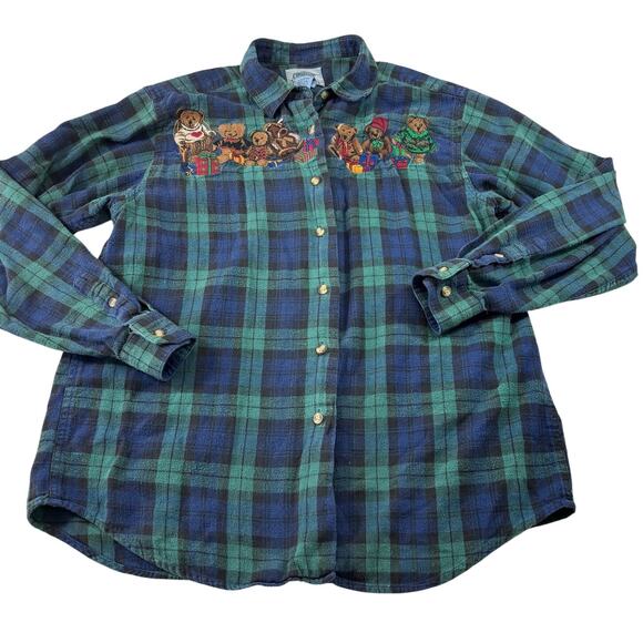 Vintage 90s Teddy Bears Embroidered Plaid Flannel Button Up, Womens Size L - Picture 2 of 6